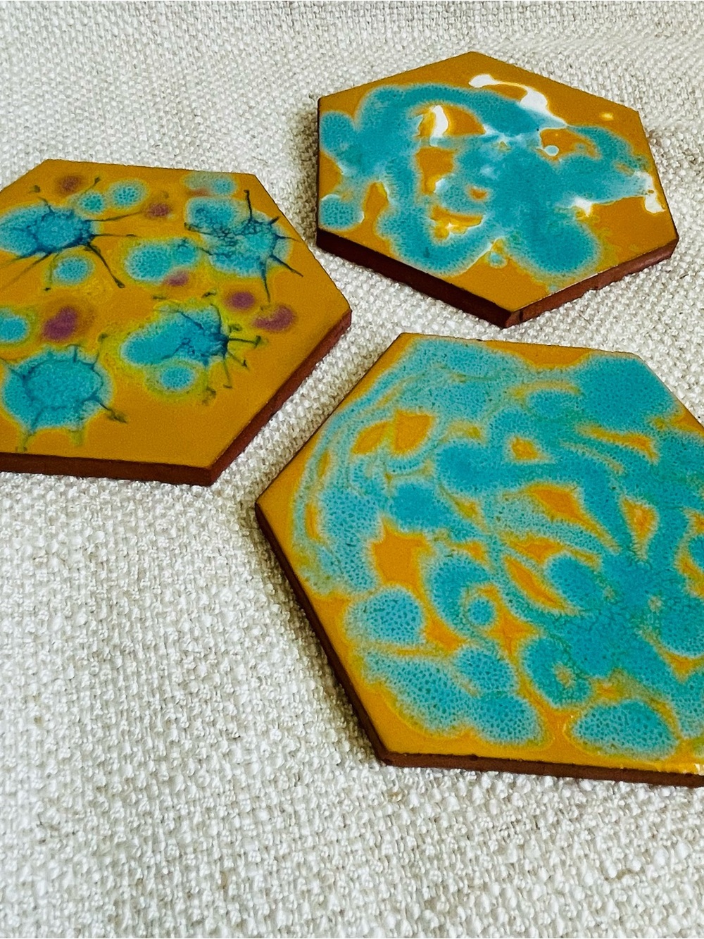 Artisan Studio Handmade Hexagon Ceramic Coasters Mustard & Turquoise Set of 3